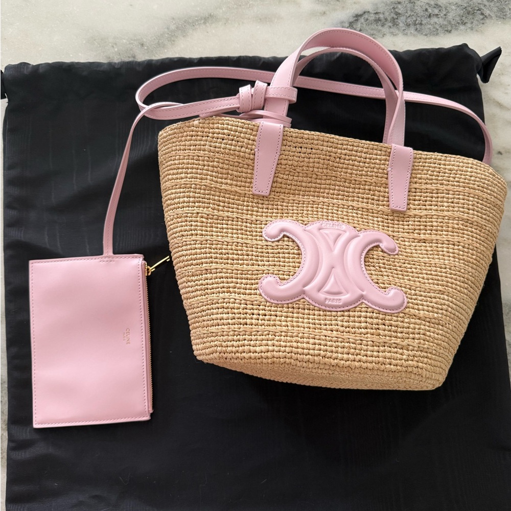 Celine Teen Supple Classic Panier in Rafia and Pink Calfskin